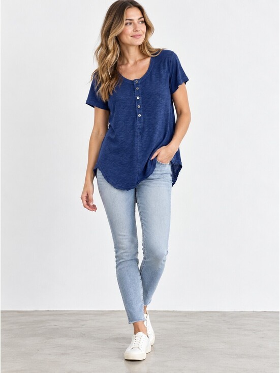 Wilt Tops - Wilt Blue Slub Knit Henley Tee XS Oversized High Low Curved Hem USA